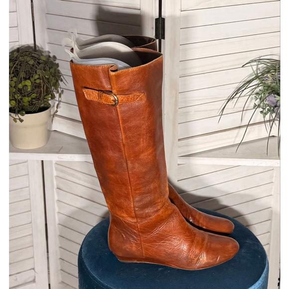 INTYCE Shoes - Vintage caramel brown leather wedge knee high boots steampunk boho style sz 8